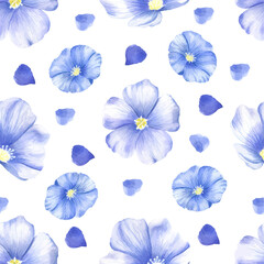 Fototapeta premium Vector seamless pattern of flax wildflowers. Watercolor floral seamless pattern of blue flowers. Suitable for fabric, scrapbooking, digital paper digital design