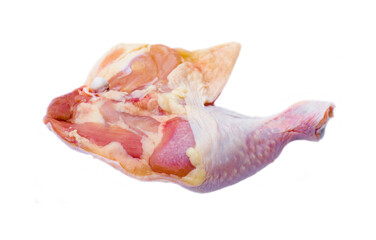 Fresh raw chicken leg drumstick meat for cooking isolated on a white background. Concept : fresh food ingredient that can be cooked in various poultry menu. 