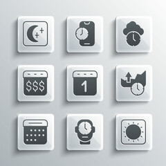 Set Clock, Sun, Stocks market growth graphs, Calendar, Payday, calendar with dollar, Moon and stars and icon. Vector