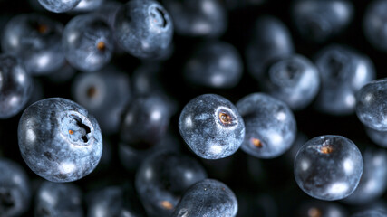 Ripe blueberries flying on a dark background, close-up