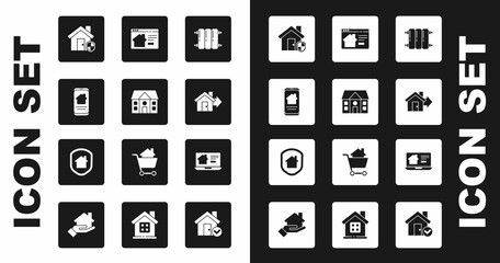 Set Heating radiator, House, Online real estate house, under protection, Sale, and icon. Vector
