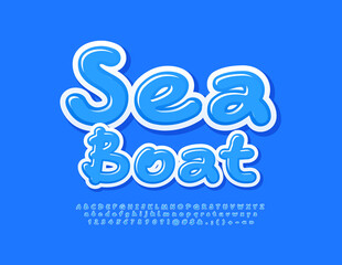 Vector blue banner Sea Boat. Handwritten modern Font. Set of stylish Alphabet Letters and Numbers
