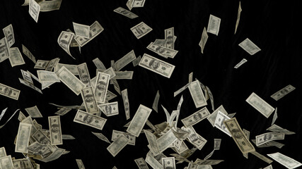 Falling Banknotes Dollars on Black Background, Freeze Motion