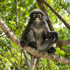 Singes à lunettes ou langurs obscurus (dusky leaf monkey) dans leur habitat naturel (forêt tropicale), certains avec leur petit
