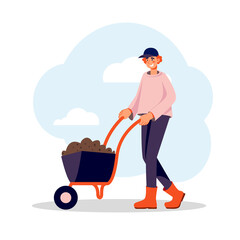 Garden work, man with the wheelbarrow full of soil in his hands. Cute flat vector illustration
