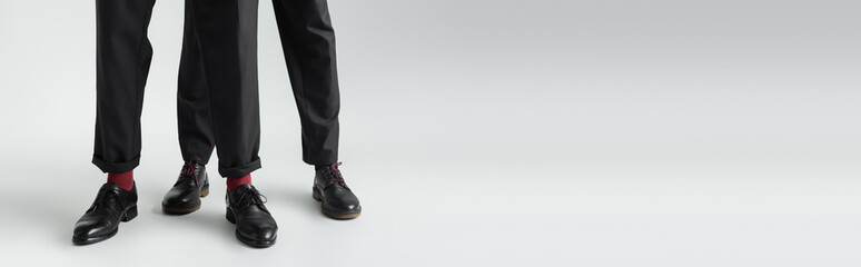 Cropped view of gay couple in formal wear and shoes on grey background, banner.