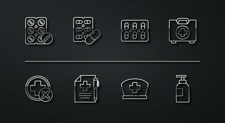 Set line Pills in blister pack, Cross hospital medical, First aid kit, Nurse hat with cross, Medical prescription and pen, Hand sanitizer bottle and icon. Vector