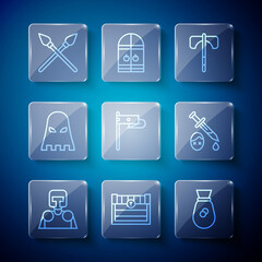 Set line Medieval knight, Antique treasure chest, Old money bag, axe, flag, Executioner mask, Crossed medieval spears and Sword with blood icon. Vector