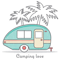 Camping trailer caravan and palmtrees vintage