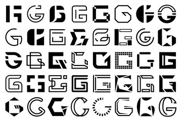 G logo set, collection of uppercase letter g in black and white. Capital letter, geometric design collection