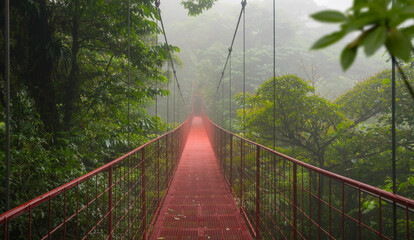 Suspension bridge in tropical rain forest - obrazy, fototapety, plakaty