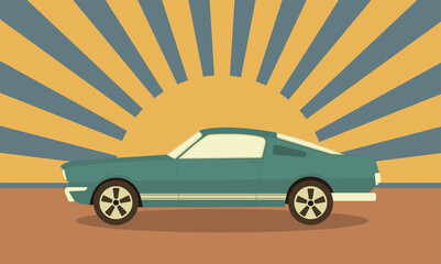 Retro car with the sun on the background