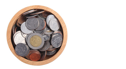 coin in a wooden cup on a white background