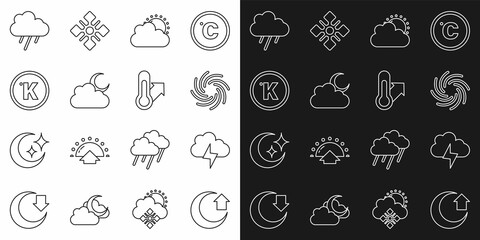 Set line Moon, Storm, Tornado, Sun and cloud weather, Cloud with moon, Kelvin, rain and Meteorology thermometer icon. Vector