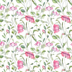 Square seamless pattern with cute pink blooming flowers and green leaves on white background. Watercolor hand painted botany wallpapers