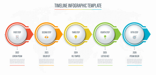 Timeline infographic template of 5 steps, circles, arrows. Banner with place for text and icons. Vector background