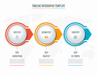 Timeline infographic template of 3 steps, circles, arrows. Banner with place for text and icons. Vector background