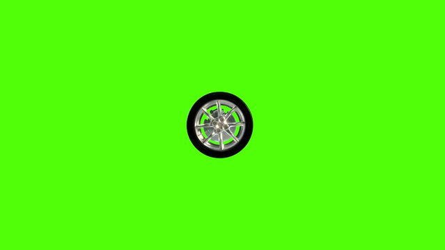 Side on view of a 3D wheel rolling across the screen. Standard black, rubber tyre and wheel rim in a continuous spin. Footage with a green screen for isolating the object.