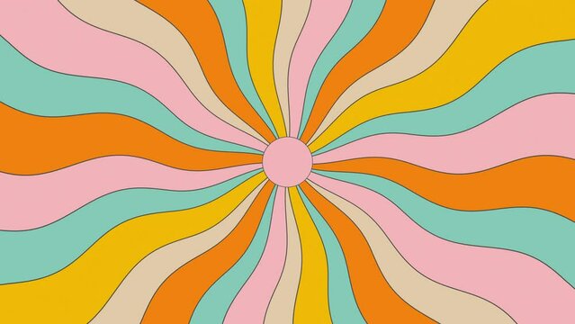 Retro Pastel colorful flat wavy cartoon sky sunburst looping animation.