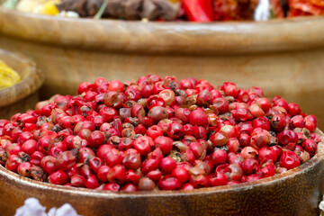 Red pepper seeds. food background