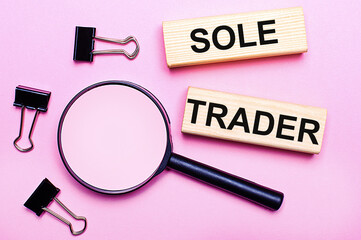 On a pink background, a magnifier, black paper clips and wooden blocks with the text SOLE TRADER. Business concept