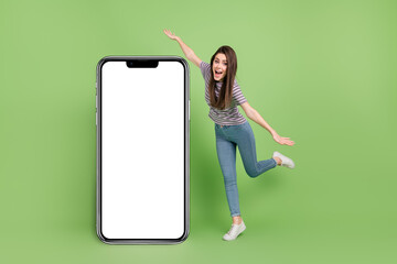 Full length portrait of excited positive person arms wings playing empty space blank isolated on...