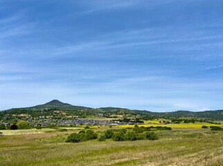 Fototapeta premium Beautiful panoramic view of meadows and fields with yellow wildflowers and green grass and Roxyann hill on the horizon.