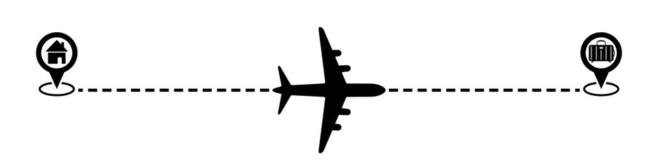 Obraz premium Flight company banner, airplane with line route, pointers, house, baggage icon vector illustration. Travel, cargo transport concept illustration to use in tourism, logistics, holiday planning.