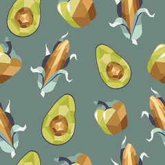 Pattern in low poly style. Corn, avocado, bell pepper in geometric style. Pattern with vegetables in geometric style. Vector illustration