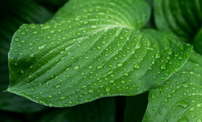 water drops on green leaf nature background