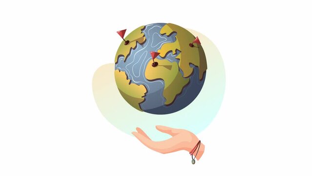 Globe with red flag flying over hand. Discovery, World Tourism Day, travel concept. Animation video.