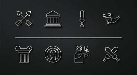 Set line Crossed arrows, Ancient column, Hunting horn, Zeus, Greek coin, Parthenon, medieval sword and Medieval icon. Vector