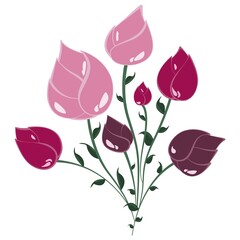 Vector flat style bouquet illustration for decoration with roses and tulips green stems and leaves. Pink, purple, and violet vector flowers for design