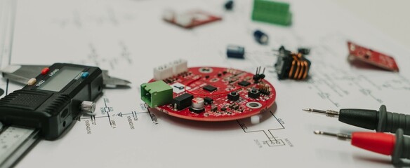 circuitos y material tecnológico con un pie de rey sobre plano en mesa
