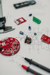 circuitos y material tecnológico con un pie de rey sobre plano en mesa