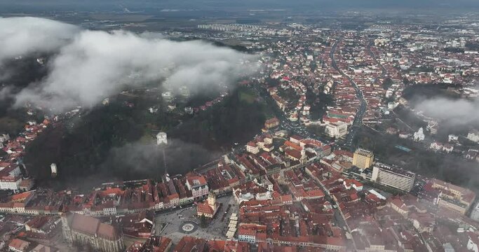 Aerial urban landscape of the city on an autumn sunny foggy day, Carpathian BV
