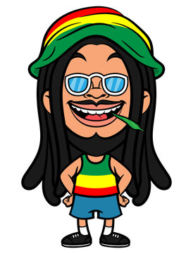 Cartoon illustration of dreadlocks men wearing sunglasses, tank top and beanie hat with rastafarian colors and smoking marijuana, best for sticker, mascot, and t-shirt design for reggae music themes