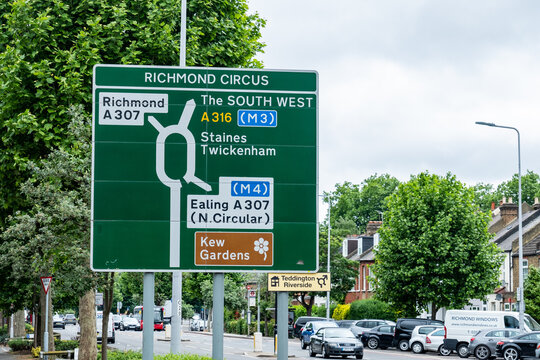 London- May 2022: Road sign in Richmond with local directions and landmarks, south west London