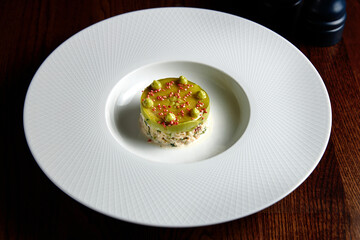 Summer salads with crabs, meet and fresh vegetable salad. Diet food. Top view