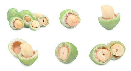 Set with spicy wasabi coated peanuts on white background