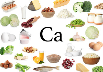 Many different fresh products containing calcium on white background