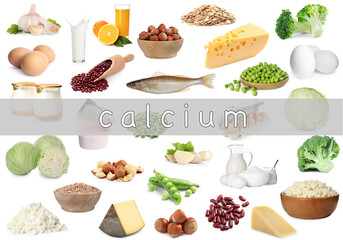 Many different fresh products containing calcium on white background