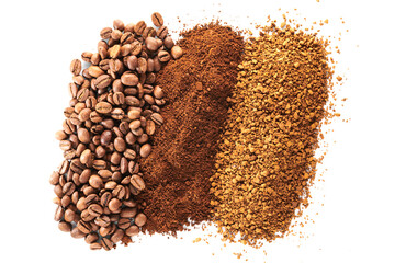 Roasted coffee beans different sort ground and whole isolated close up on white background