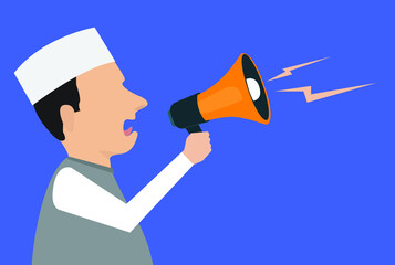 Indian politician announcing with loudspeaker, poll announcement concept illustration - obrazy, fototapety, plakaty