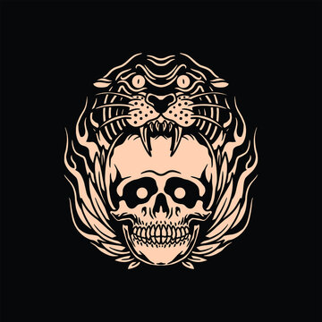 panther and skull tattoo vector design