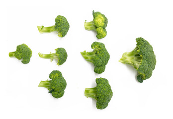 some pieces of Broccoli isolated on white background. top view.