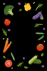 Healthy food macronutrients. Vegetables. Fiber presented by food products. Tomatoes, peppers, zucchini, eggplant, broccoli, cabbage, carrots, peas. vector illustration of nutrition categories