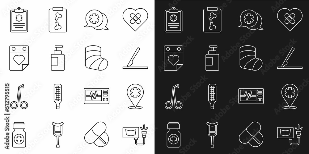 Sticker Set line Ultrasound, Location with cross hospital, Medical surgery scalpel, Dialogue the doctor, Hand sanitizer bottle, Doctor appointment, Clinical record and Gypsum icon. Vector