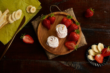 Sweet natural sugar free marshmallows with banana and strawberry taste. Healthy sweets, natural snacks in low key