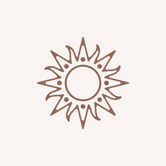 Sun emblem in boho style. Trendy geometric symbol. Modern abstract linear composition and graphic design element.